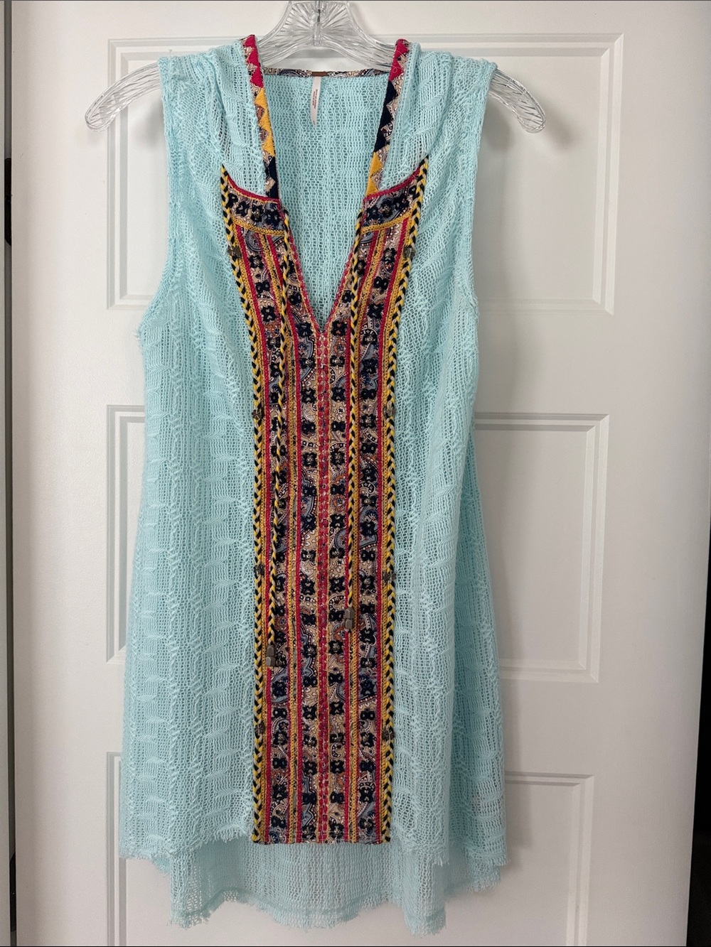 Free People Mint Blue Sleeveless Knit Dress with Multicolor Embroidered Placket